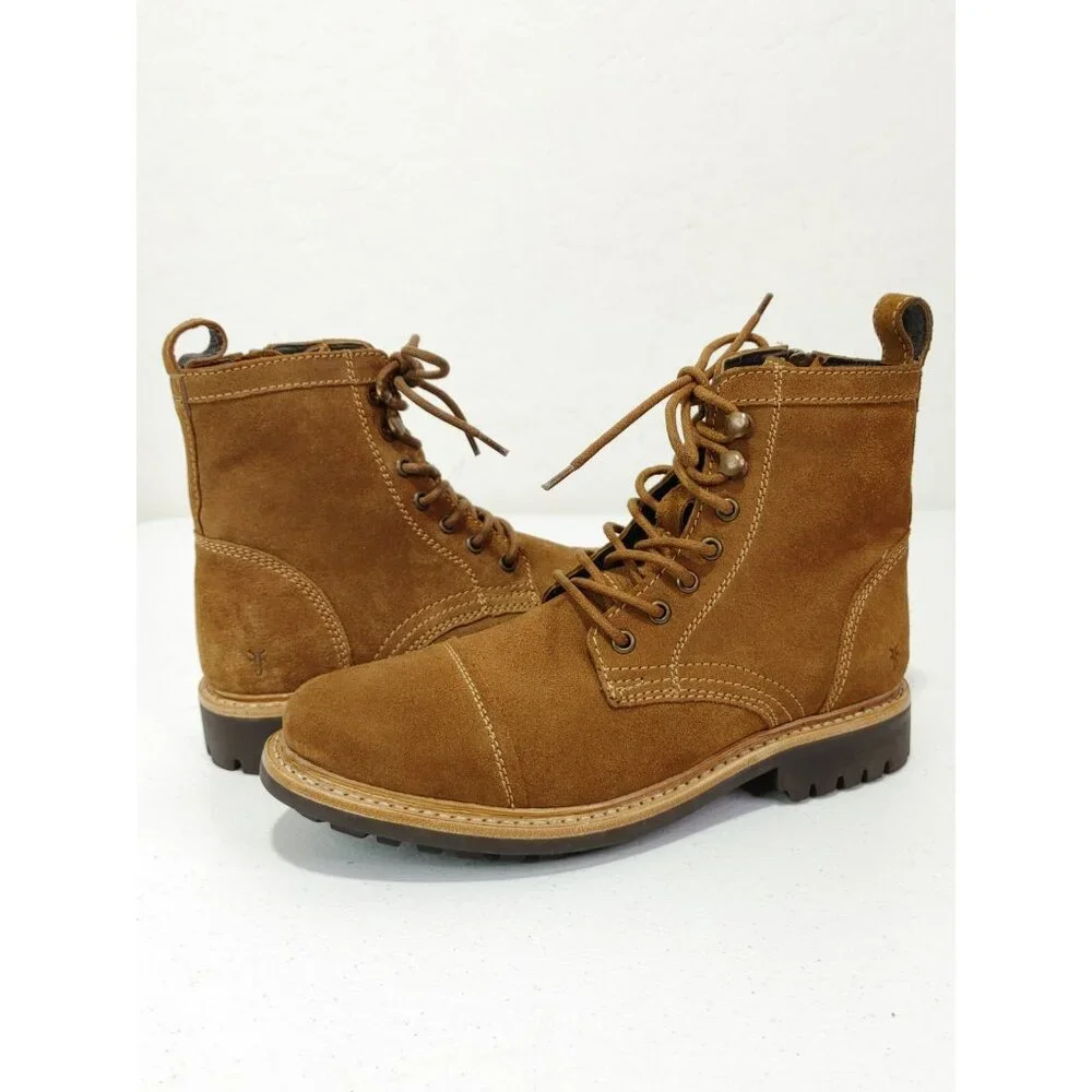 Frye Russell Tan Leather Suede Cap Toe Boots Lace / Side Zip Closure Sz Men's 8